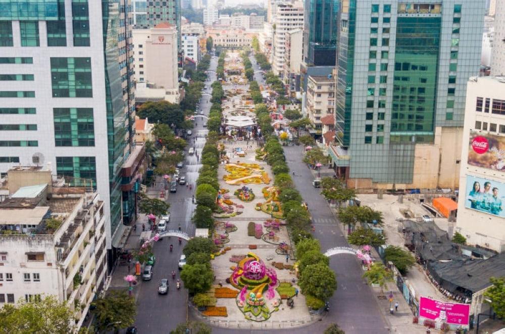 Nguyen Hue Walking Street is vibrant from above, located in the heart of District 1